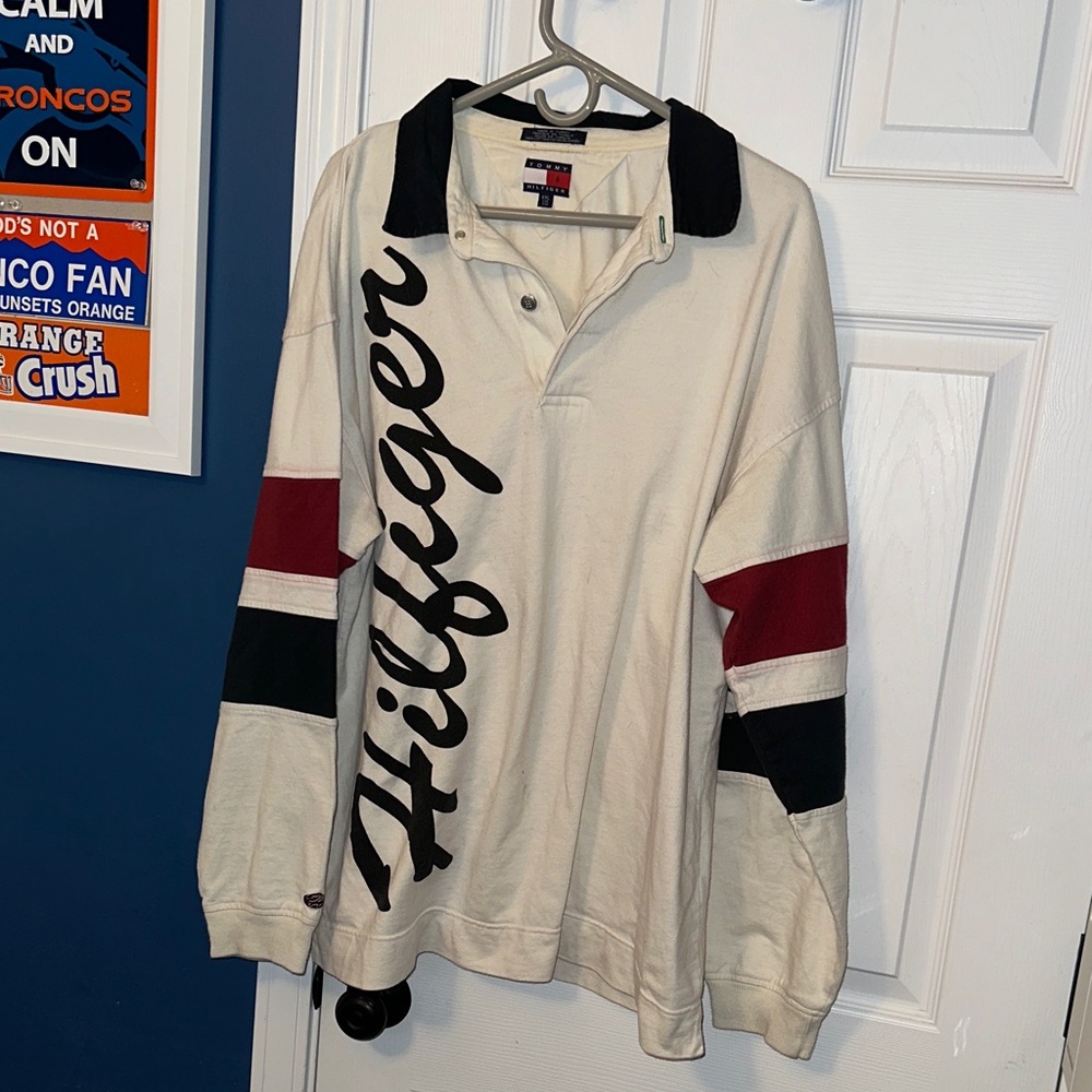 Tommy Hilfiger Cream Rugby Polo with Black and Red Accents